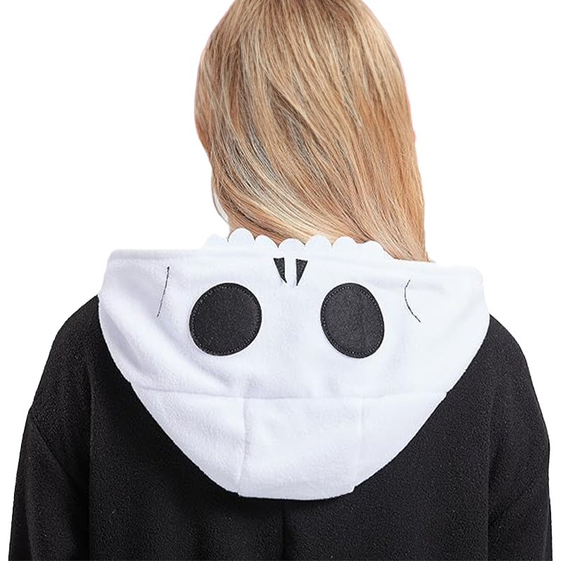 Close-up of skeleton onesie hood detail with skull face design, part of the adult skeleton onesie costume.