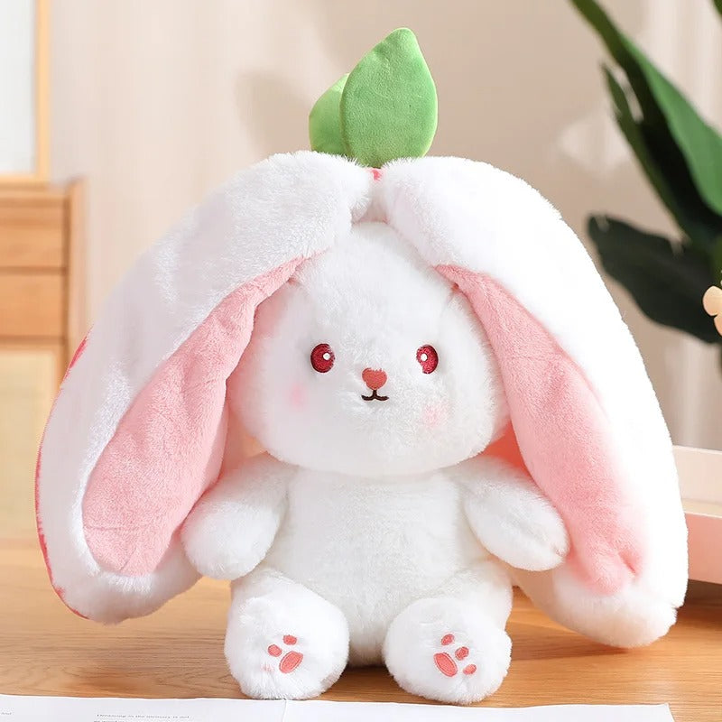 White Kawaii Bunny Plush with Strawberry Ears - Adorable Stuffed Animal - Octoplush Aesthetic Gift