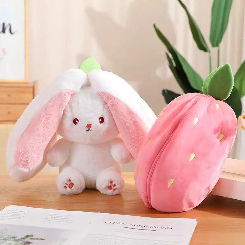 Reversible Strawberry Bunny Plush Set - Cute 2-in-1 Transforming Soft Toys - Octoplush Kawaii Collection