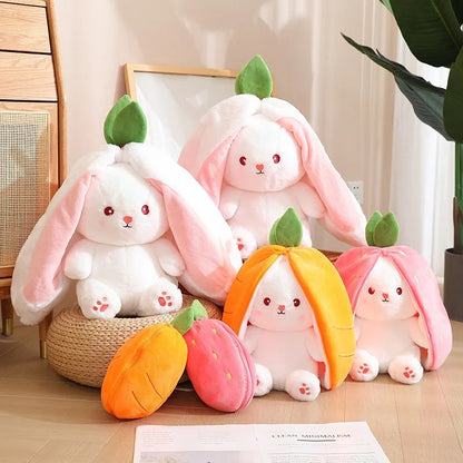 Group of Reversible Bunny Plushies in Strawberry and Carrot Styles - Cute Soft Toys in Multiple Sizes - Octoplush Kawaii Plushies
