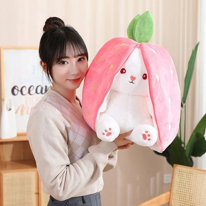 Large Reversible Strawberry Bunny Plush held by a woman - Cute Plush Doll - Octoplush Kawaii Stuffed Animal