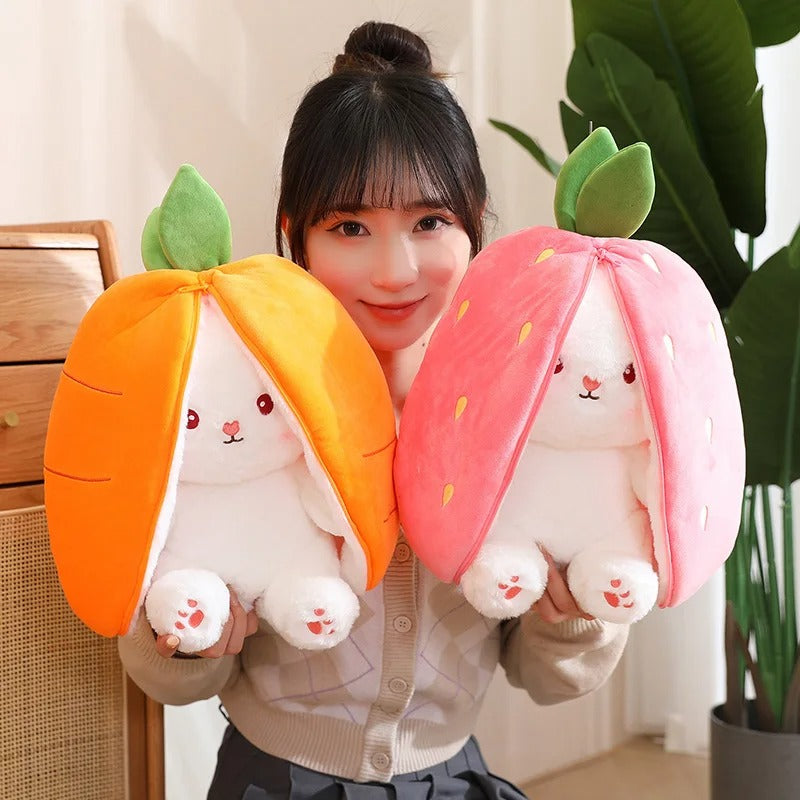 Two Reversible Bunny Plushies with Carrot and Strawberry Ears - Cute Stuffed Animals for Best Friends - Octoplush Kawaii Aesthetic