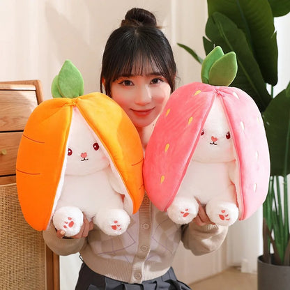 Two Reversible Bunny Plushies with Carrot and Strawberry Ears - Cute Stuffed Animals for Best Friends - Octoplush Kawaii Aesthetic
