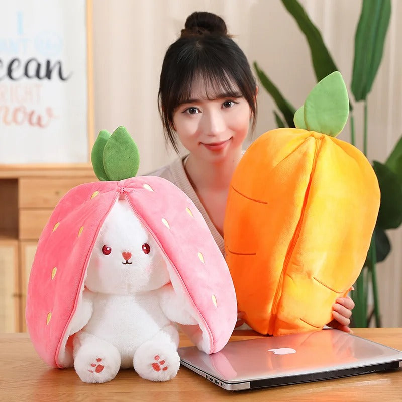 Woman displaying Strawberry and Carrot Reversible Bunny Plush - Cute Soft Toys for Gifts - Octoplush Kawaii Collection