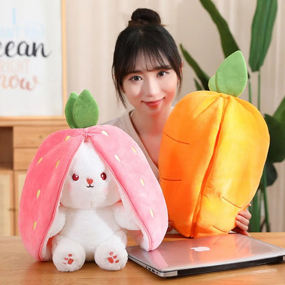 Woman displaying Strawberry and Carrot Reversible Bunny Plush - Cute Soft Toys for Gifts - Octoplush Kawaii Collection