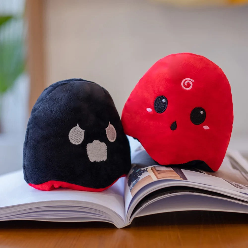 Reversible Ghost Plush - Moody Ghost Plush - Glow in the dark Ghost plush - Flip Ghost - Octoplush - Black & Red on Book