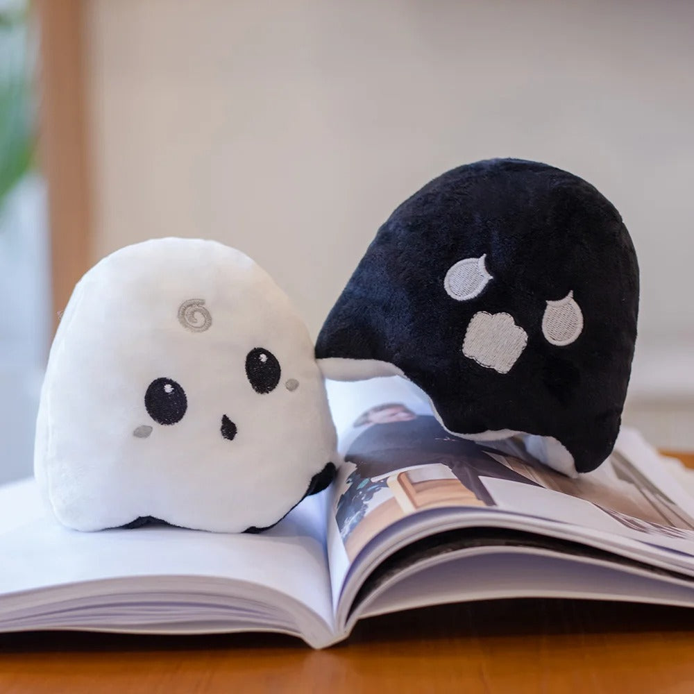 Reversible Ghost Plush - Moody Ghost Plush - Glow in the dark Ghost plush - Flip Ghost - Octoplush - Black & White on Book