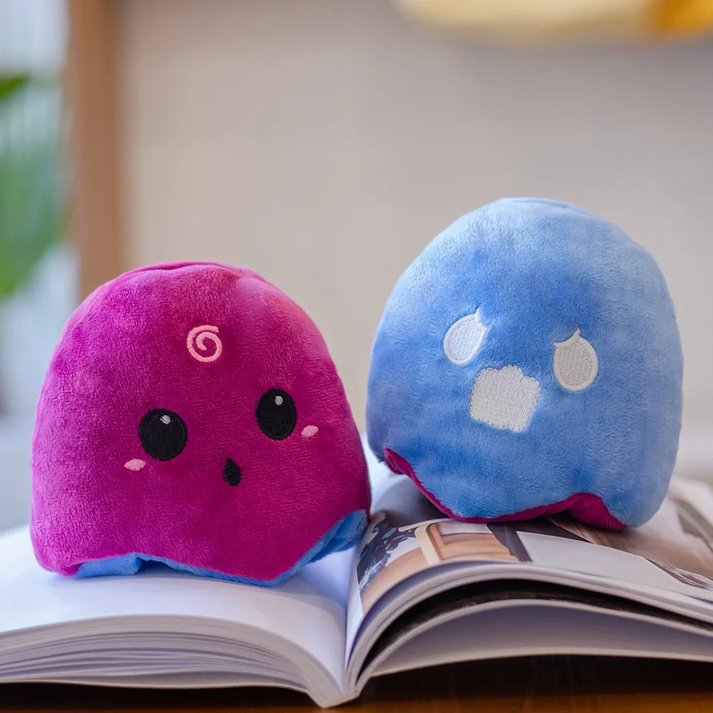 Reversible Ghost Plush - Moody Ghost Plush - Glow in the dark Ghost plush - Flip Ghost - Octoplush - Blue & Purple on Book