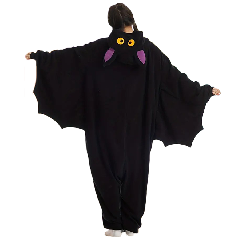 Back view of adult bat onesie Halloween costume with wide black wings and hood featuring yellow eyes and purple bat ears
