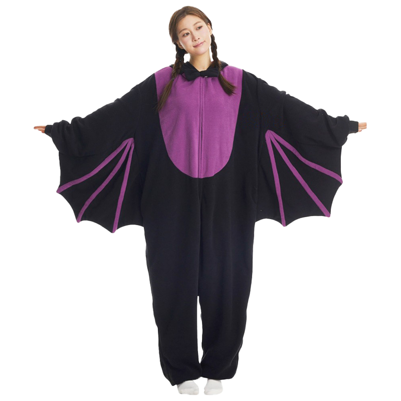 Front view of adult bat onesie with oversized purple chest design and wide bat wings spread out for Halloween costume style