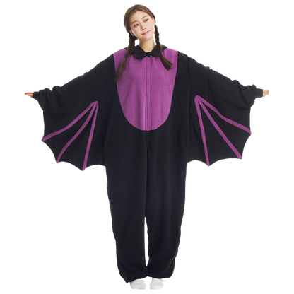 Front view of adult bat onesie with oversized purple chest design and wide bat wings spread out for Halloween costume style