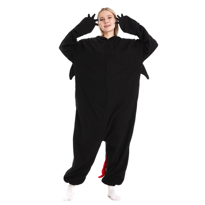 Black dragon onesie kigurumi for adults featuring claw gloves, a cozy fit, and playful design. Ideal dragon onesie for kigurumi enthusiasts