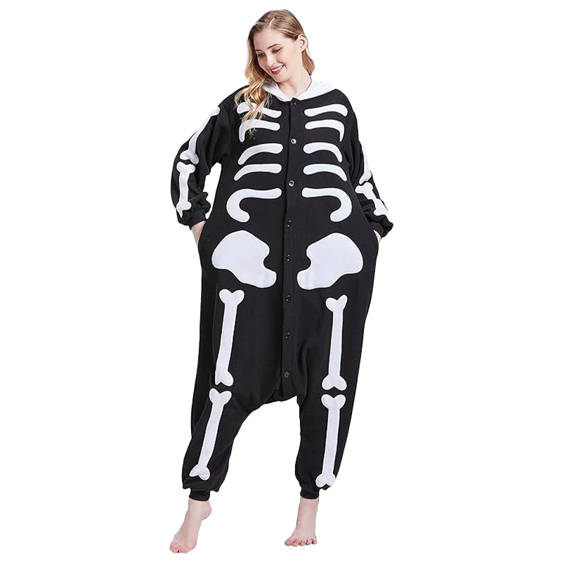 Adult skeleton onesie costume doubling as comfy Halloween pajamas, full-body kigurumi style.