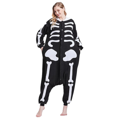 Adult skeleton onesie costume doubling as comfy Halloween pajamas, full-body kigurumi style.