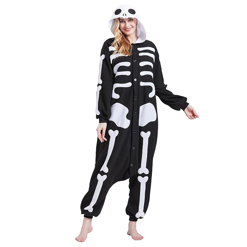 Model posing in adult skeleton onesie Halloween costume, cozy pajama-style kigurumi outfit.