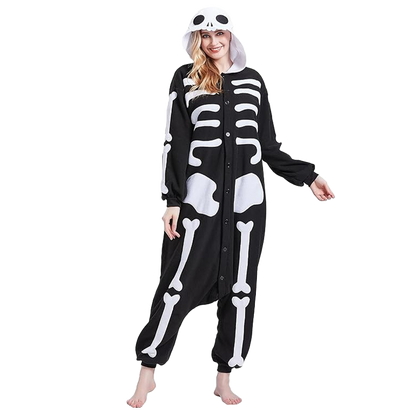 Model posing in adult skeleton onesie Halloween costume, cozy pajama-style kigurumi outfit.