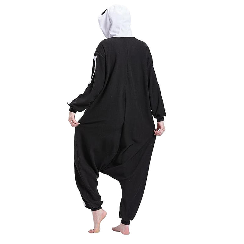 Back view of adult skeleton onesie for Halloween, loose kigurumi fit with white bone details.