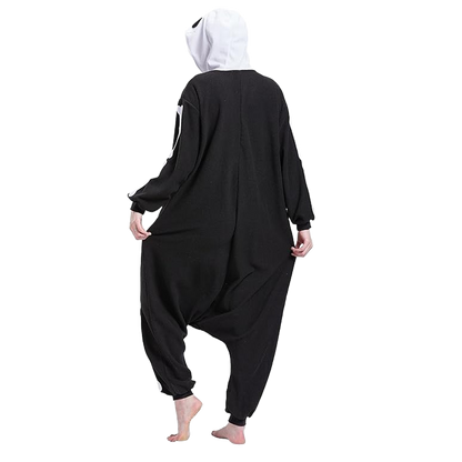 Back view of adult skeleton onesie for Halloween, loose kigurumi fit with white bone details.
