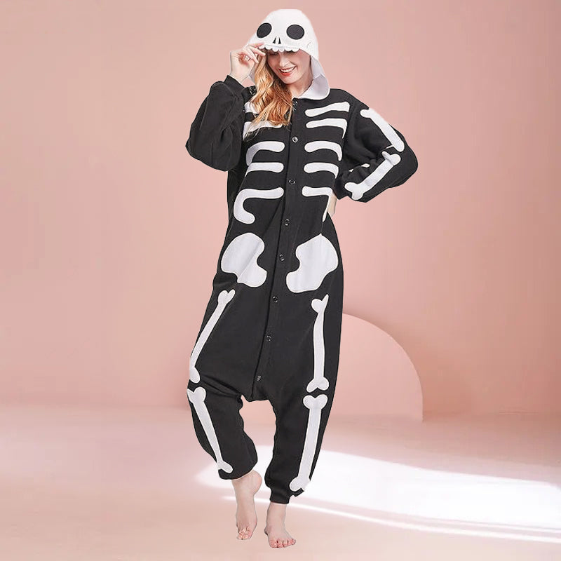 Adult skeleton onesie costume for Halloween shown from the front, cozy fleece design with full-body bone print.