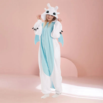Adult White Dragon Onesie Kigurumi in cozy fleece fabric, featuring playful wings and tail. Perfect for lounging or costume fun.