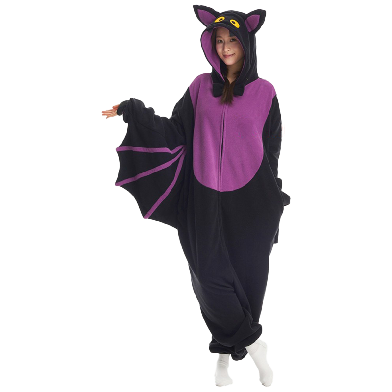 Adult bat onesie with purple details, soft fleece fabric, and winged sleeves perfect for Halloween parties or lounging at home