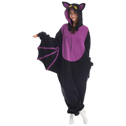 Adult bat onesie with purple details, soft fleece fabric, and winged sleeves perfect for Halloween parties or lounging at home