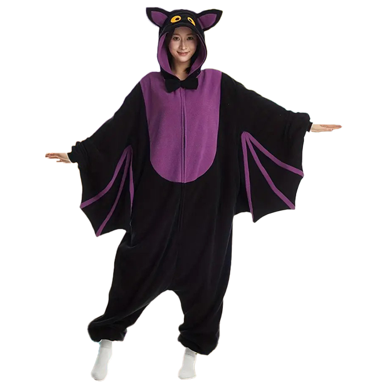 Bat onesie for adults shown from the front, cozy fleece Halloween costume with purple chest panel and bat ear hood.