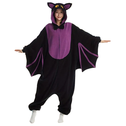 Bat onesie for adults shown from the front, cozy fleece Halloween costume with purple chest panel and bat ear hood.