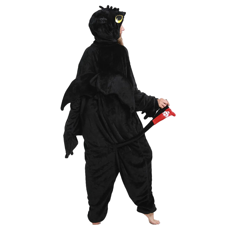 Back view of black dragon onesie kigurumi featuring detailed wings, tail with red accents, and hood. Perfect dragon onesie for kigurumi lovers.