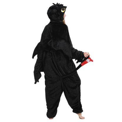 Back view of black dragon onesie kigurumi featuring detailed wings, tail with red accents, and hood. Perfect dragon onesie for kigurumi lovers.