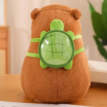 Close-up back view of capybara plush toy with detailed green turtle backpack – cute and unique plushie design.
