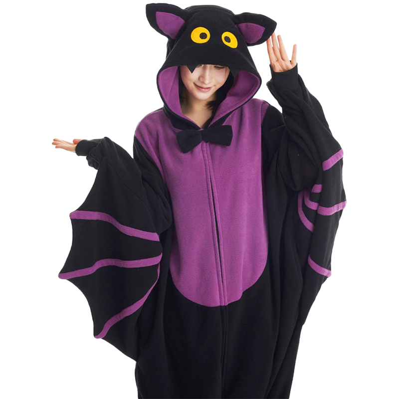 Cozy adult bat onesie made from soft fleece, perfect as Halloween pajamas, loungewear, or a fun spooky costume outfit