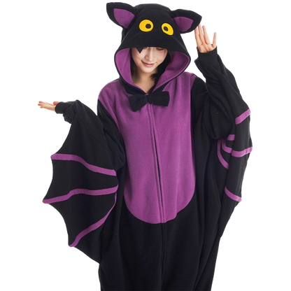 Cozy adult bat onesie made from soft fleece, perfect as Halloween pajamas, loungewear, or a fun spooky costume outfit