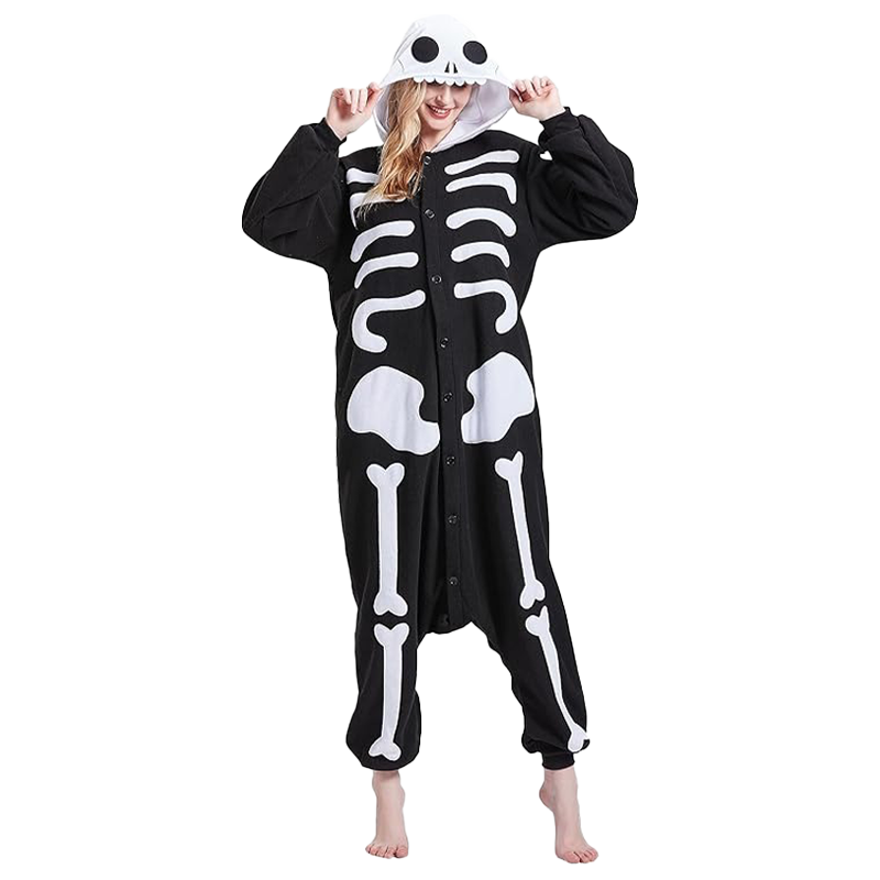 Front view of skeleton onesie for adults, black fleece onesie with bold white skeleton costume print.