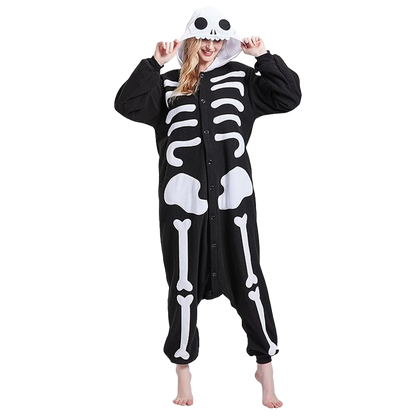 Front view of skeleton onesie for adults, black fleece onesie with bold white skeleton costume print.