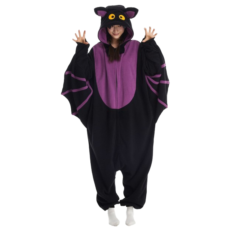 Cute bat onesie adult Halloween costume with purple chest, playful wide bat wings, and cozy hood with bat face design