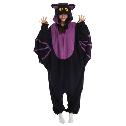 Cute bat onesie adult Halloween costume with purple chest, playful wide bat wings, and cozy hood with bat face design
