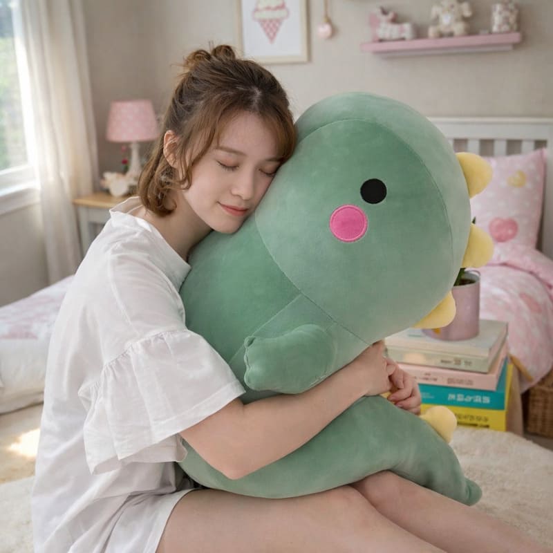 Octoplush Kawaii collection large green dinosaur plushie being hugged in a cozy pastel bedroom. This soft and squishable jumbo dino stuffed animal from Octoplush.store features yellow spikes and pink cheeks, making it a cuddly companion for aesthetic room decor and the perfect gift for plushie lovers.