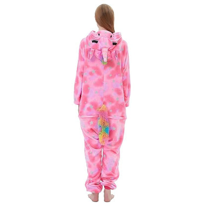 Pink unicorn onesie for adults back view – cozy fleece loungewear with rainbow tail.