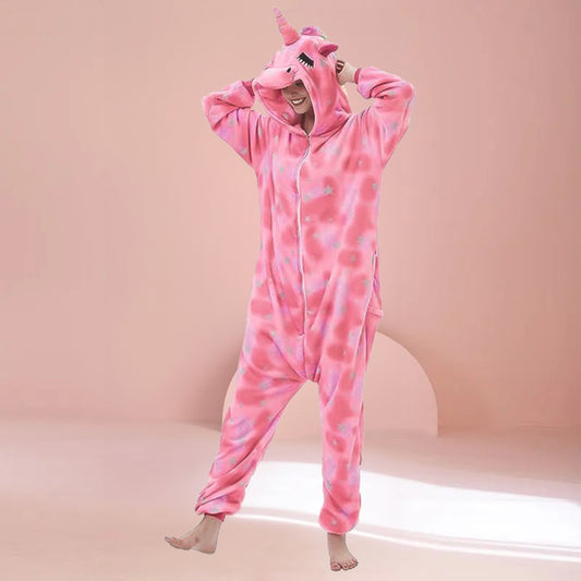 Adult pink unicorn onesie front pose – soft fleece kigurumi with playful horn hood.