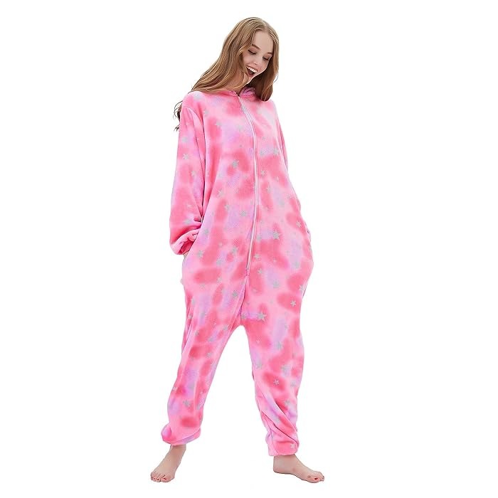 Front standing view of adult pink unicorn onesie – soft fleece loungewear for women.
