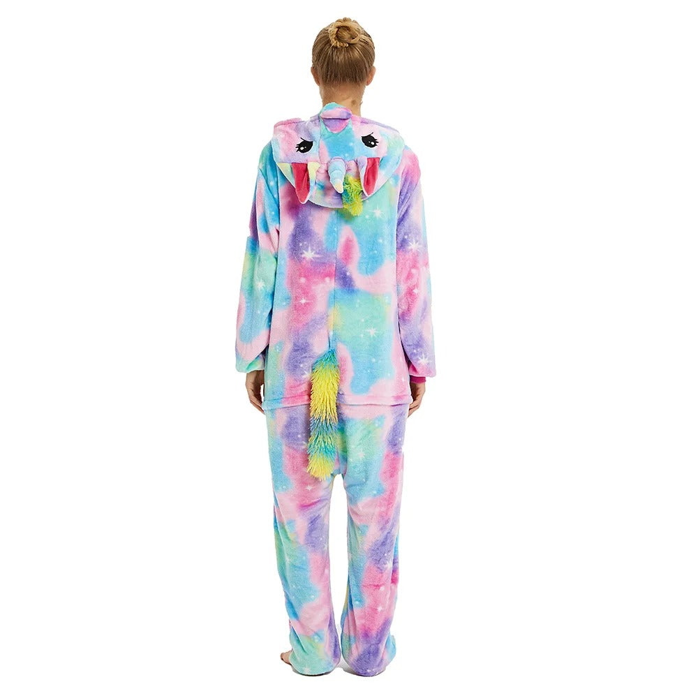Adult rainbow unicorn onesie back view – cozy fleece kigurumi loungewear for women.