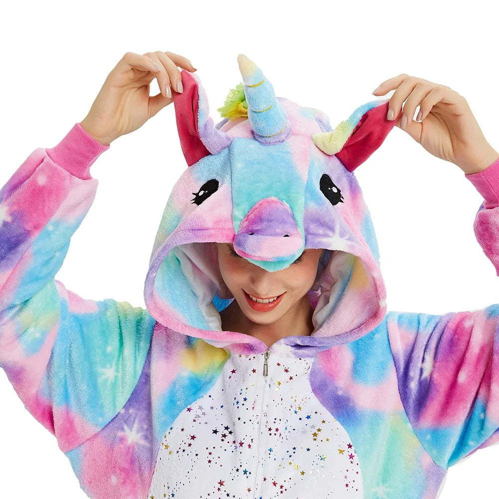 Close-up of unicorn hood with horn and ears on rainbow fleece onesie for adults.