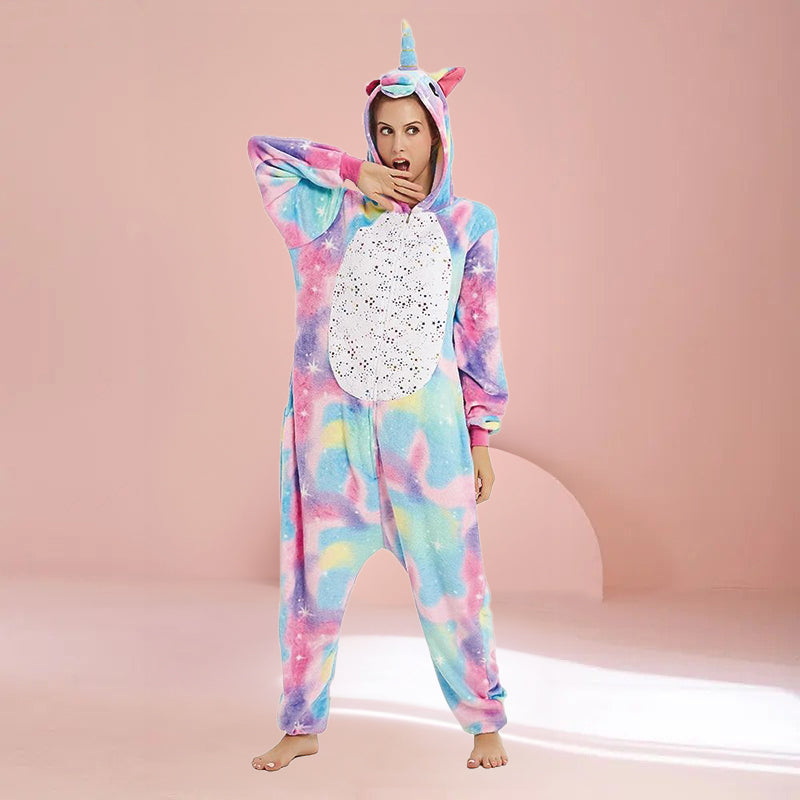 Adult unicorn onesie front view with star chest print and rainbow pastel colors.