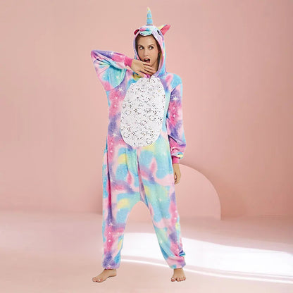 Adult unicorn onesie front view with star chest print and rainbow pastel colors.