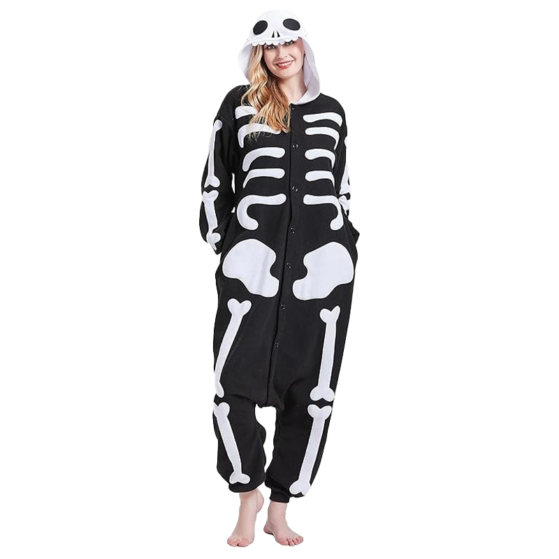 Cozy skeleton onesie for adults, button-up fleece costume perfect for Halloween parties or lounging.