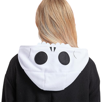 Close-up of skeleton onesie hood detail with skull face design, part of the adult skeleton onesie costume.