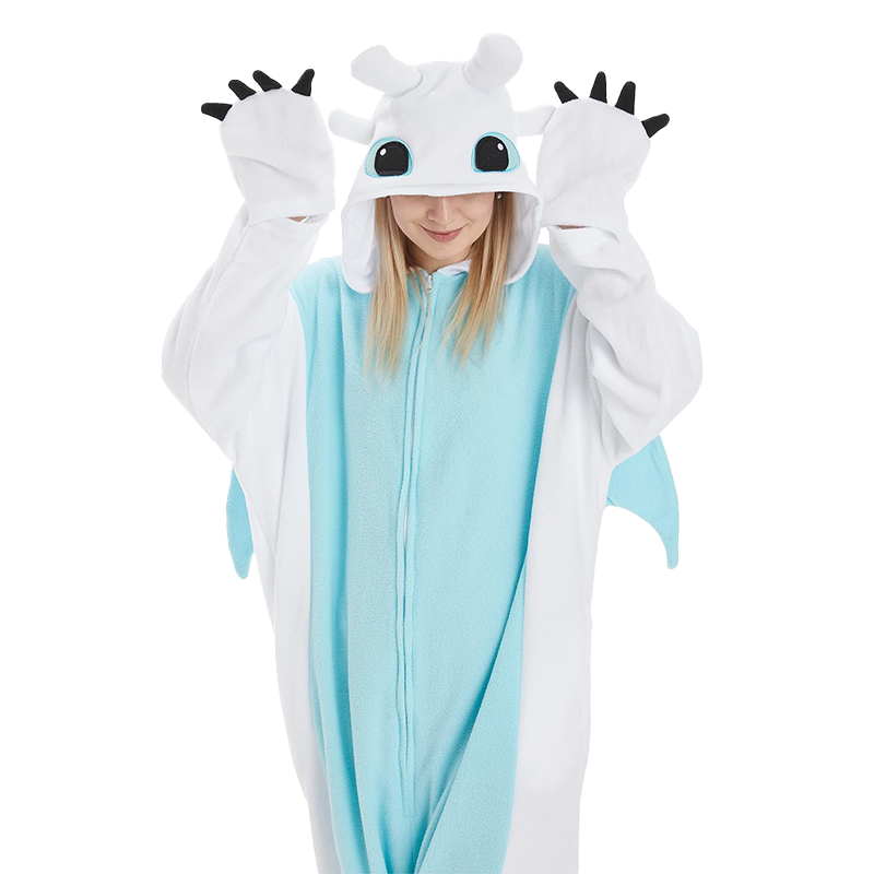 Close-up of the White Dragon Onesie hood, showcasing adorable dragon horns and ears. A perfect kigurumi onesie for lounging in style