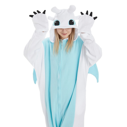 Close-up of the White Dragon Onesie hood, showcasing adorable dragon horns and ears. A perfect kigurumi onesie for lounging in style