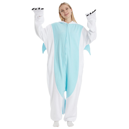 Full front view of the White Dragon Onesie Kigurumi, featuring a sleek design with cozy fleece material and dragon tail details.